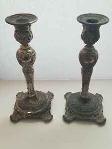Antique 1915 Rogers & Sons Silverplate Victorian Rose 9" Candlestick Holder Set