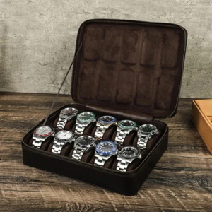 10 Gitter Echt Leder Uhrenvitrine Uhrensammlung Aufbewahrung Halter Box - Bild 1 von 14