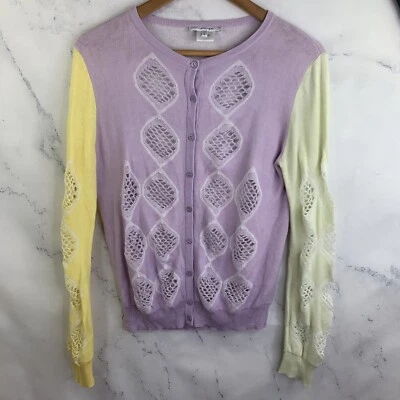 Carven Cardigan Suéter Talla L Botón Crochet Malla Lavanda Cachemira Mezcla Foto 1 de 4