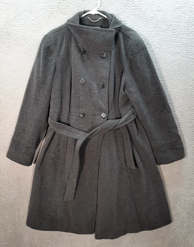 Jaqueta Ellen Tracy Feminina 16 Cinza Casaco de Ervilha Mistura de Lã Peito Duplo Gravata Frontal - Imagem 1 de 4