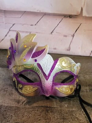 Masquerade purple glitter gold mask Halloween decor costume - Image 1 of 4