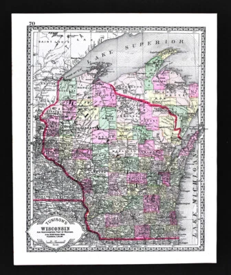 1886 Tunison Map Wisconsin Upper Michigan Madison Eau Claire Hayward Marquette - Image 1 of 2