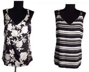 WHBM S Tank Top Reversible Sleeveless Floral Striped Print Black White V Neck - Picture 1 of 12