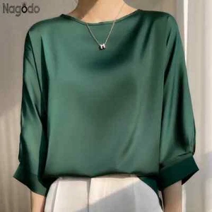 Women's Satin Silk Blouse Top Half Sleeve Loose Fit O-Neck Summer Tee M-XXL - Picture 1 of 12