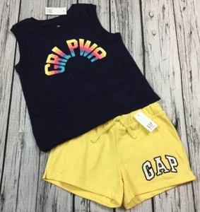 Gap Girls Small (6-7) Girl Power Rainbow Shirt & Bright Yellow Shorts Outfit. Nw - Picture 1 of 7