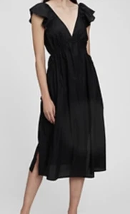 NWT Size XL Black GAP Flutter Sleeve Side Tie Midi Dress w/ Pockets V-Neck 2022 - Picture 1 of 2