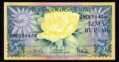 INDONESIA 5 RUPIAH BANKNOTE CURRENCY 1959 FLOWERS & BIRDS SERIE MEG - GEM UNC - Image 1 of 2