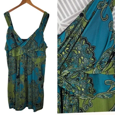 Vtg Y2K Plus size 3X 22/24W Dress Midi Stretch Back Pinup Wrap Top Teal Green - Image 1 of 4