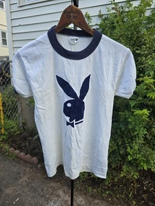 Camiseta de Colección Rara Años 70 80 Playboy Bunny Timbre Terciopelo Logo Blanco Azul Marino Adulto S - Imagen 1 de 6