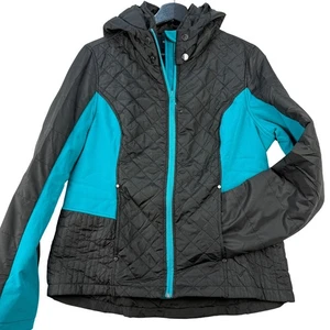 Hawke & Co Sport Womens Black Turquoise Quilted Hooded Jacket Size Large - Picture 1 of 6