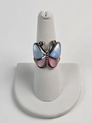 Anillo de plata esterlina curvado mariposa teñido azul rosa abulón concha alas talla 7,5 Foto 1 de 4