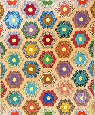 Vintage Handmade Grandmother’s Flower Garden Quilt 87x70 Hand-Stitched Cotton - Image 1 of 4