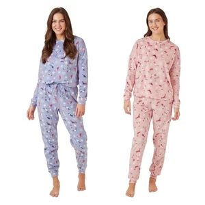 Ladies Fleece Pyjamas Pajama Set Womens Sock Print PJs Blue Pink - Picture 1 of 9