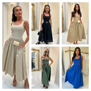 Mujeres Vestido Acanalado Bolsillo Acampanado Damas Sin Mangas Verano Informal Largo Vestido Midi - Imagen 1 de 8