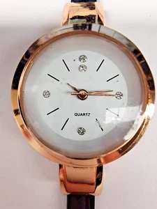 Rose Gold Tone Watch w/ Slim Black Band and Diamond Accents, WORKS - Picture 1 of 6