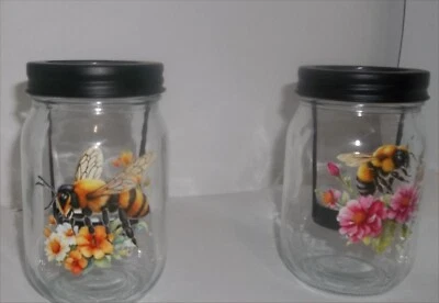 2 Bee Candle Jars battery or burn candle Glass and metal 2 candles included Bee - Image 1 of 3