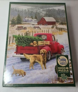 COBBLE HILL 1000 Piece Jigsaw Puzzle “CHRISTMAS ON THE FARM” Red Truck Dog. New - Picture 1 of 6