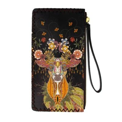 Colorful Floral Deer Design Wristlet Wallet Pouch Vegan Leather Bohemian Style - Image 1 of 3