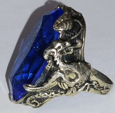 Antique Vintage Gryphon Griffin Dragon Blue Glass Sterling Silver Ring 5 WB21 - Image 1 of 4