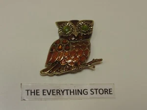 NAPIER OWL PIN BROOCH CRYSTAL BROWN GREEN EYES ENAMEL GOLD TONE USED FREE SHIP - Picture 1 of 3