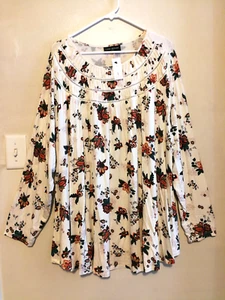 Lane Bryant Womens Blouse 22/24 Floral Cream Tunic Stretch Knit Long Sleeve Boho - Picture 1 of 5