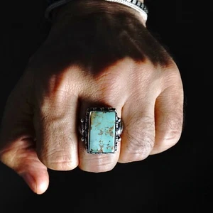 Silver Ring Turquoise Natural Rectangle Sterling Silver Unique Handmade Jewelry - Picture 1 of 11