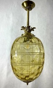Rare Vintage Brass Pendant Ceiling Light Fixture Amber Etched Glass Shade - Imagen 1 de 6