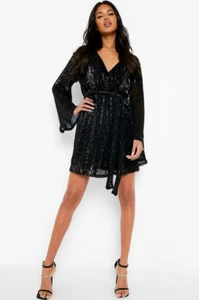 boohoo Sequin Flared Sleeve Belted Goth Belted Mini Dress - Picture 1 of 4