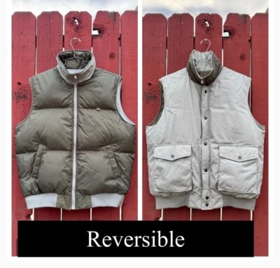 复古 XL 70 年代 80 年代羽绒松饼背心灰色绿色双面户外滑雪 — 第 1/4 张图片