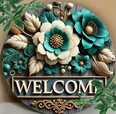 Letrero de metal WELCOME centro de corona para todo clima 8 x 8 Foto 1 de 2