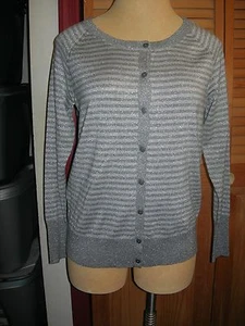 LANE BRYANT 14/16 Silver Striped Crewneck Button Down Cardigan (14W 16W 0X 1X - Picture 1 of 3