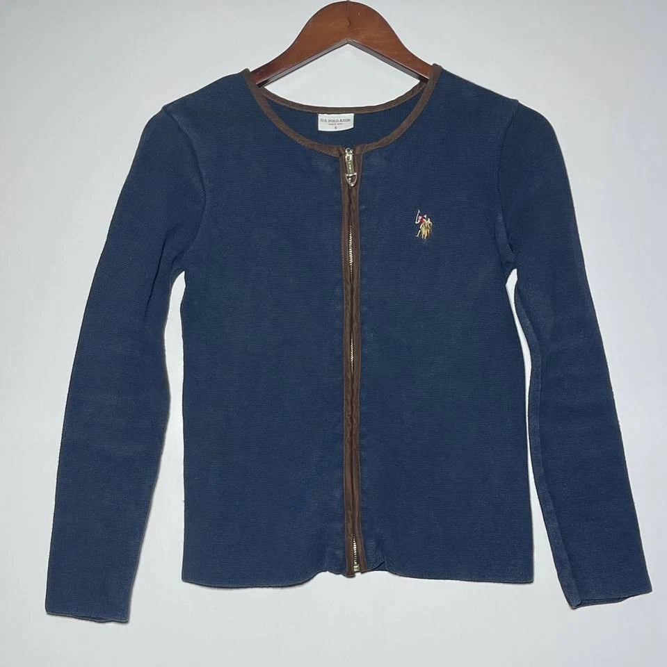 U.S. Polo Assn. Blue Knit Cardigan Jacket Women’s Size S Suede Trim Elbow Patche - Image 1 of 4