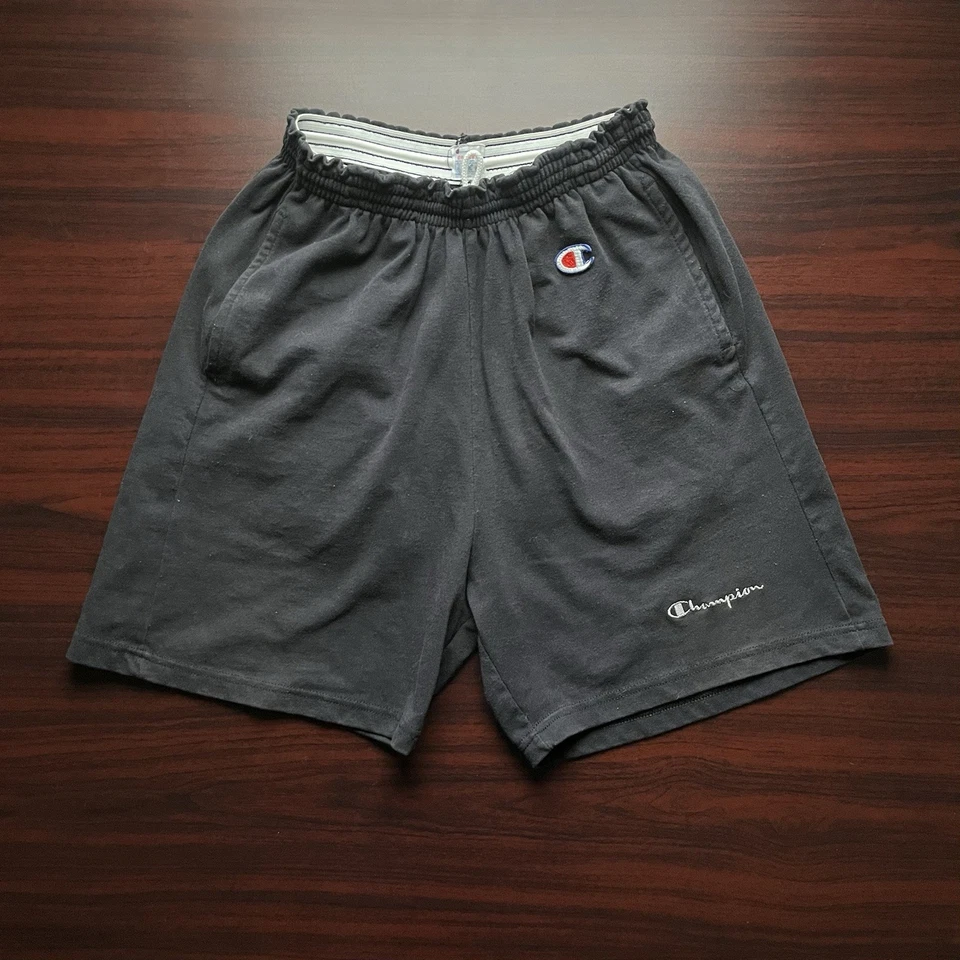 复古 90 年代 Champion 刺绣美国制造黑色短裤拼色 L 码 — 第 1/4 张图片