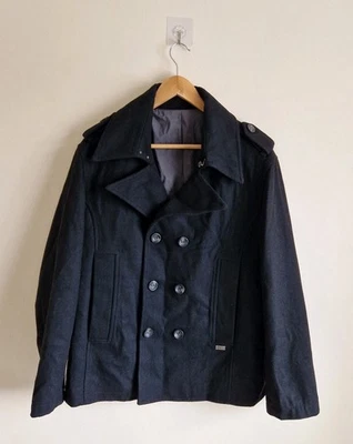 Chaqueta Chaquetón Angels & Demons Para Hombre Negra Grande L Lana Cuello Botón Bolsillos AD  Foto 1 de 4