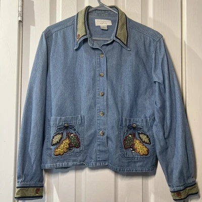 Vintage Christopher & Banks Denim Jacket Large, Leaf Appliqué, Gingham Collar - Image 1 of 4