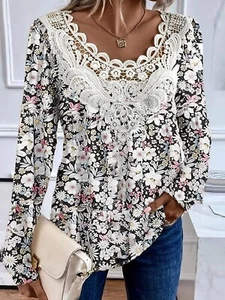 Women's Printed Hollow Long Sleeve Elegant Clothing Gift Party T-Shirt Top - Picture 1 of 5