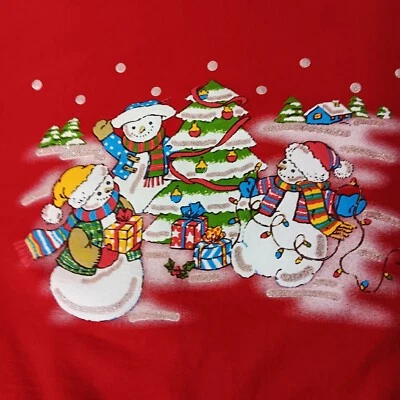 Vintage Christmas Snowman Sweatshirt XL Red Silver Glitter Tree Presents Holiday - Image 1 of 4