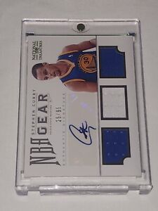 2012-13 NATIONAL TREASURES STEPHEN CURRY TRIPLE PATCH AUTO 25/99 GAME USED, DUBS