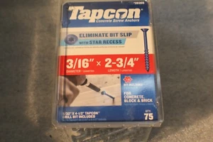 75 count TAPCON BLUE CONCRETE MASONRY SCREW ANCHORS 3/16' X 2 3/4'  W/ DRILL BIT - Picture 1 of 1