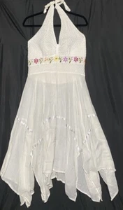 Vestido Halter Mexicano Talla Única Blanco Colorido Floral Bordado Retro Boho Playa - Imagen 1 de 7