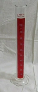 PYREX CORNING 100ml GRADUIERTER ZYLINDER BECHER 3042 USA ROT SECHSKANT BASIS GLAS VTG - Bild 1 von 4