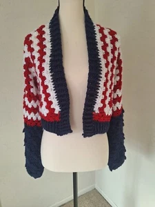 Handmade Crochet Hexagon Granny Square Open Cardigan Sweater S/M Patriotic - Picture 1 of 8