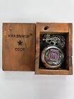Vintage Soviet Men's Pocket Watch Chain Molnia Steel In Wooden Box Good Working