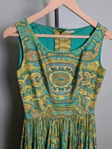 Paisley Green Yellow Reworked Vintage 1960s Fit Flare Dress - Picture 1 of 14