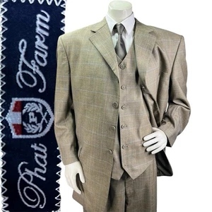 Phat Farm Men 3pc Suit Jacket Vest Pants 46R 38x31 Windowpane 100% Virgin Wool - Picture 1 of 19