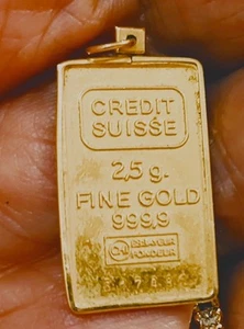 2.5 GRAM CREDIT SUISSE 999.9 GOLD BAR 14K GOLD BEZEL CHARM PENDANT T.W 2.8gr(90) - Picture 1 of 3