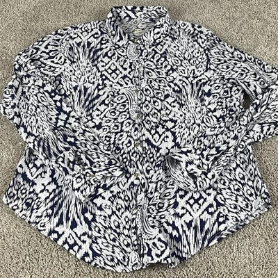 Рубашка на пуговицах женская Lilly Pulitzer большая с длинным рукавом Ikat синяя вискоза T687 - Изображение 1 из 4