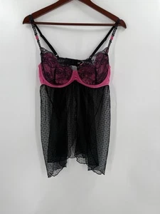 Fredericks of Hollywood Lingerie Babydoll Corset Black Pink Lace Sexy XLARGE - Picture 1 of 12