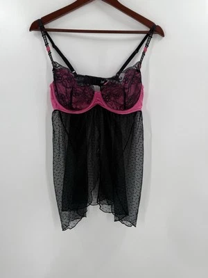 Fredericks of Hollywood Lingerie Babydoll Corset Black Pink Lace Sexy XLARGE - Image 1 of 4