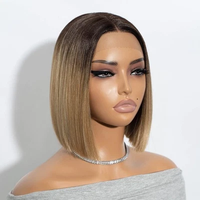 Short 10 inch Lace Front ALIA Bob Wig ombre brown top blonde mix TT6/23C center - Image 1 of 4